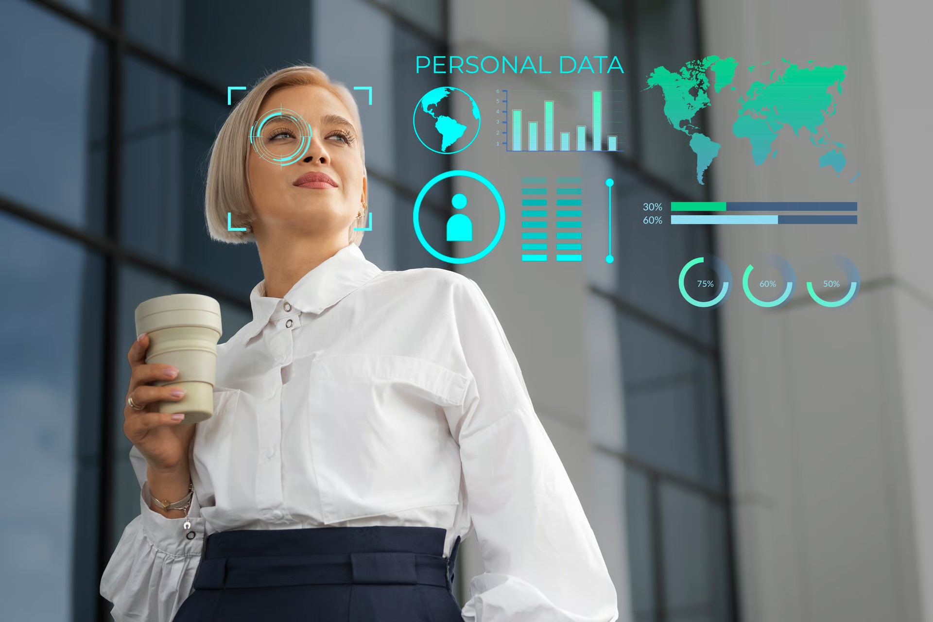 A professional standing beside graphics representing facial analysis and personal data