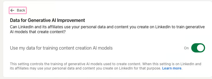 LinkedIn setting for using personal data to improve generative AI