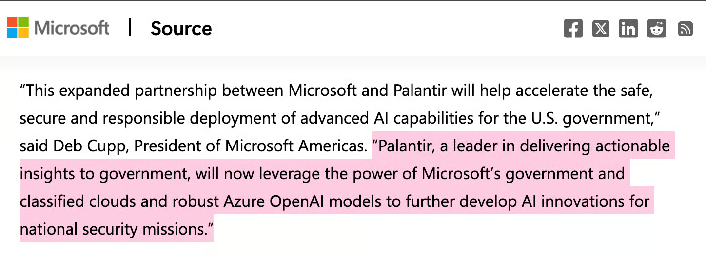 Microsoft announcement about its partnership with Palantir for U.S. government AI systems