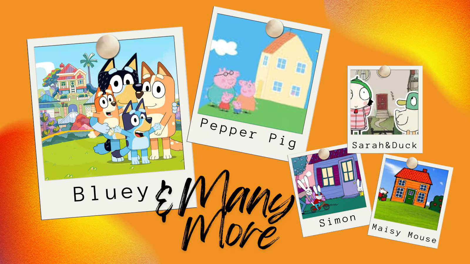 A collage showing the family homes in Bluey, Peppa Pig, Sarah and Duck, Simon, and Maisy Mouse